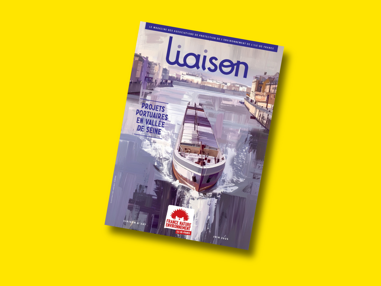 Visuel Liaison 207 : couverture bleue/violette avec un bateau, sur un fond jaune