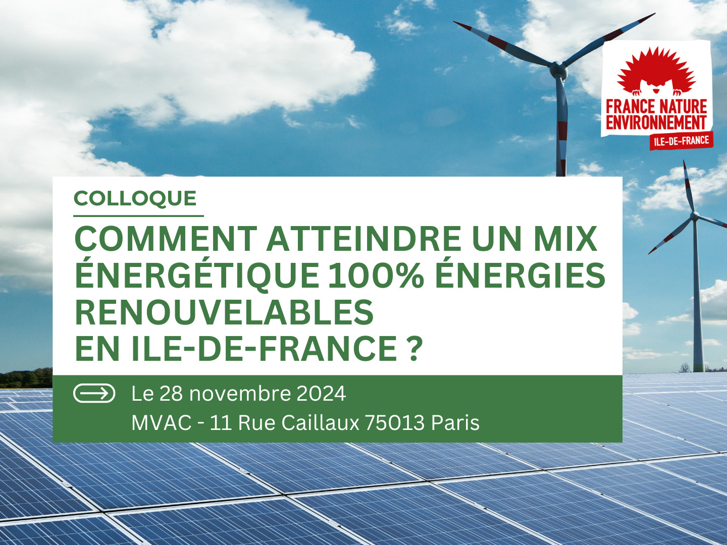 Panneaux solaires et éoliennes avec un fond de ciel bleu - FNE ile de france colloque energies renouvelables paris