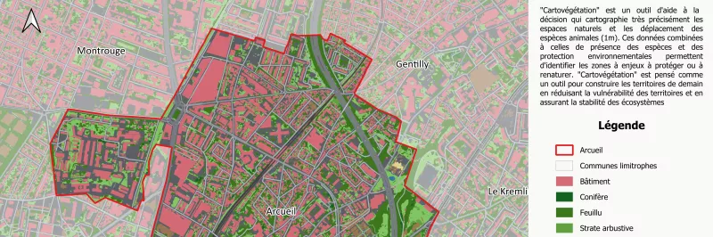 Carte de l'occupation des sols à Arcueil par Cartovégétation. On y voit à droite la légende de la commune, ses bâtiments, arbres, sols, voies ferrées, etc... FNE Ile de France