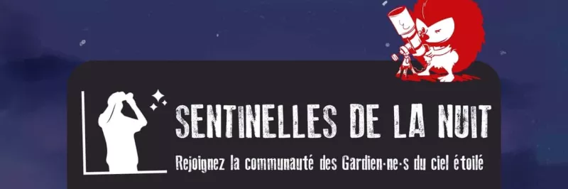 Le titre de l'article est au centre, on voit une personne qui observe le ciel au milieu d'une ville endormie. Sentinelles de la nuit, ciel étoilé, hérisson, observation des étoiles, gardiens et gardiennes du ciel étoilé