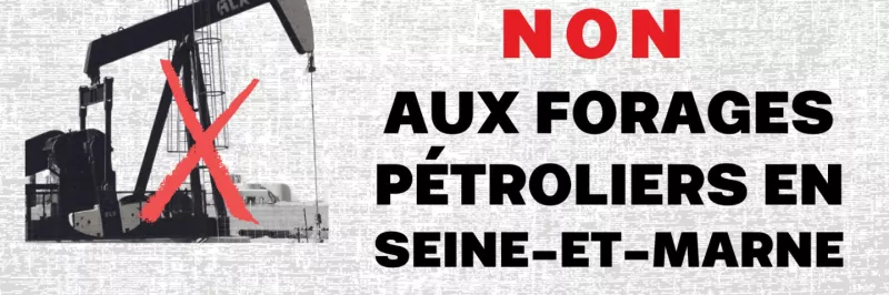 Affiche "Nonville", non aux forages pétroliers en Seine et marne, France Nature Environnement Île-de-France, France Nature Environnement Seine-et-Marne, Notre Affaire à Tous, Réseau Action Climat, Les Amis de la Terre France, et Reclaim Finance ONG