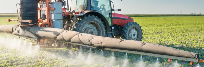 Epandage de pesticides sur un champ en monoculture