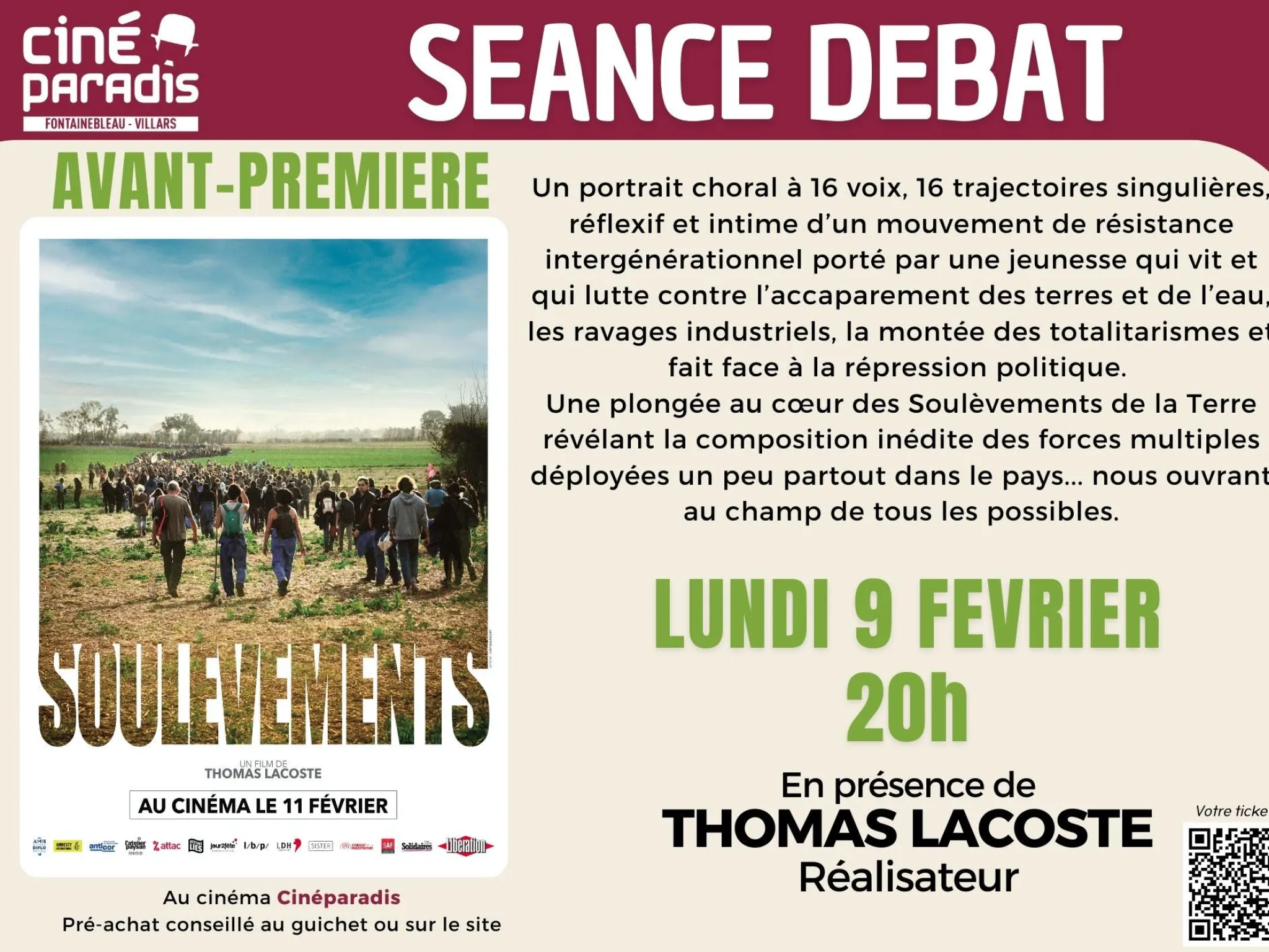 Affiche annonçant une séance-débat en avant-première du film documentaire « Soulèvements » au cinéma Cinéparadis, le lundi 9 février à 20h, avec visuel d’une marche collective dans un champ, texte de présentation sur un mouvement de résistance intergénérationnel contre l’accaparement des terres et de l’eau et la répression politique.