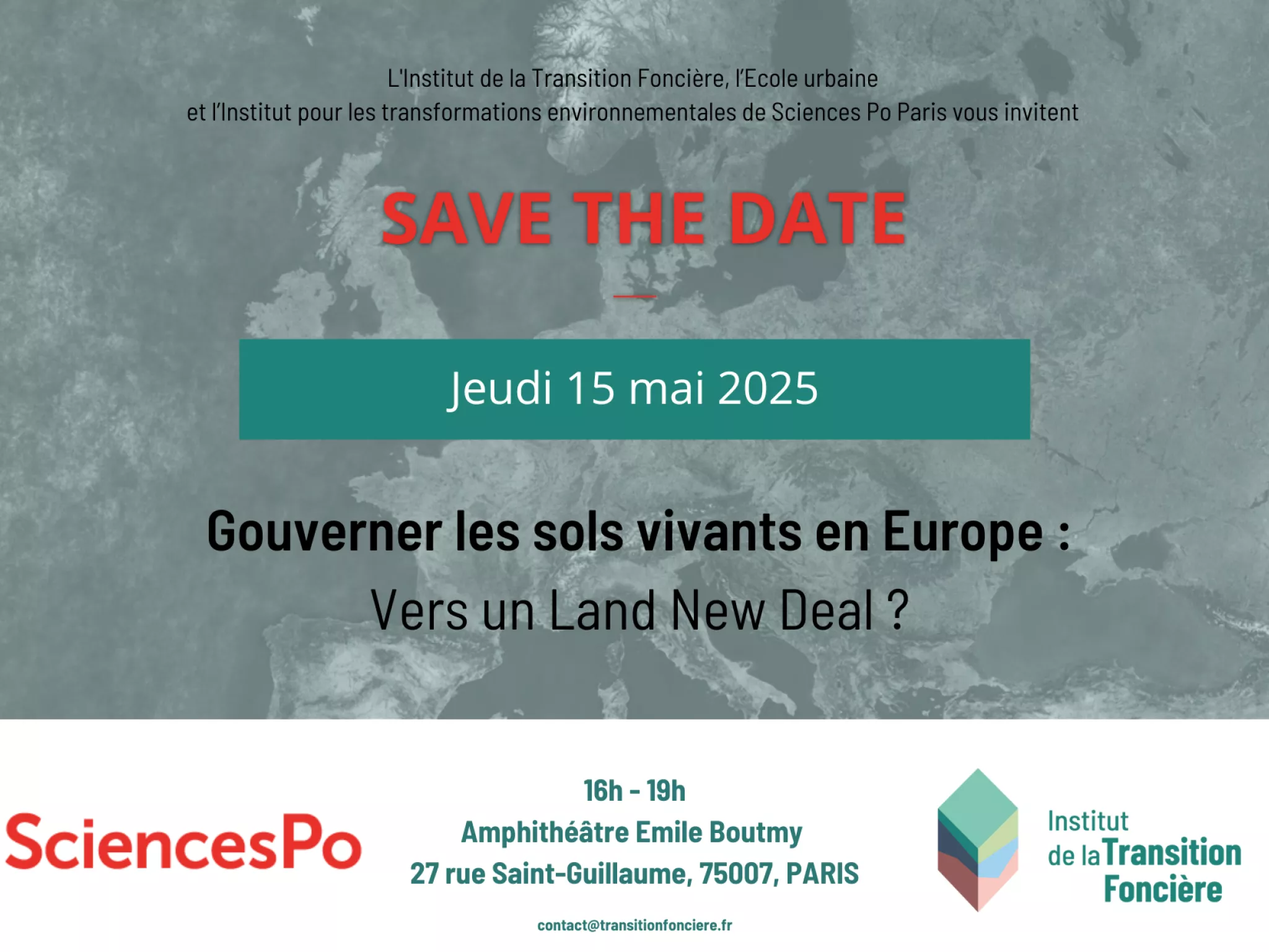 L'institut de la Transition Foncière, l'Ecole urbaine et l'Institut pour les transformations environnementales de Science Po Paris vous invitent le jeudi 15 mai 2025 à sa conférence "Gouverner les sols vivants en Europe : vers un Land New Deal ?"