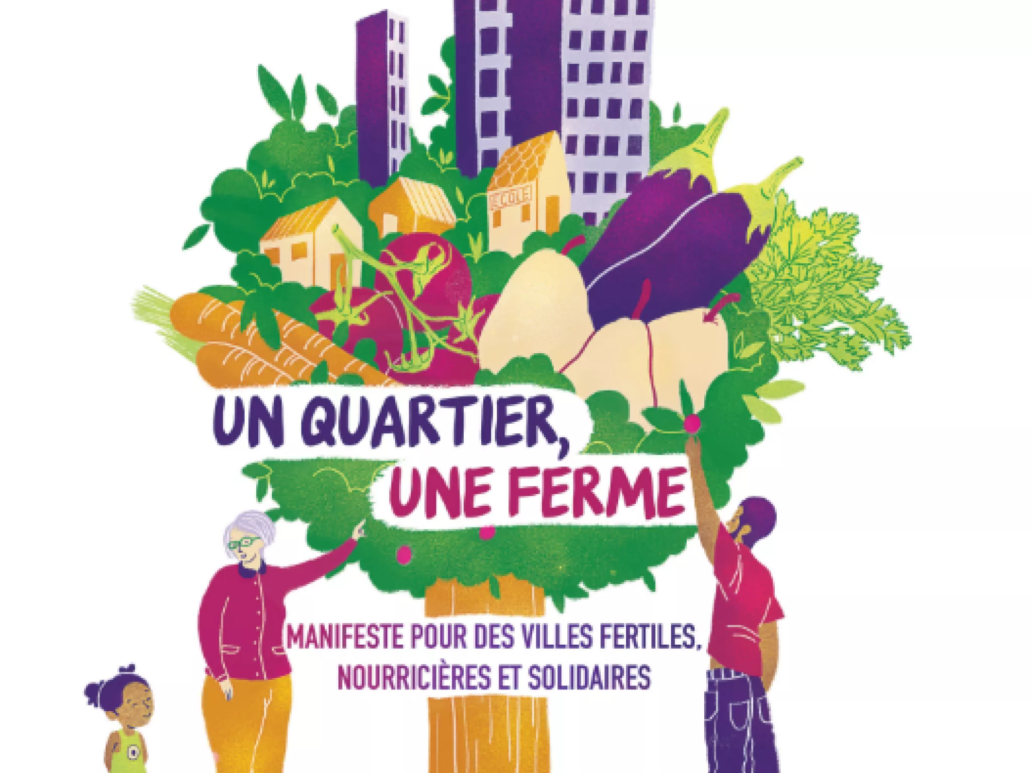 Un quartier, une ferme. Illustration de citoyens devant un arbres rempli de denrées alimentaires et d'immeubles