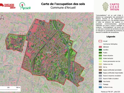 Carte de l'occupation des sols à Arcueil par Cartovégétation. On y voit à droite la légende de la commune, ses bâtiments, arbres, sols, voies ferrées, etc... FNE Ile de France