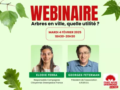 Affiche du webinaire, contenant une photo des intervenant-es et le titre en rouge et noir. Des feuilles d'arbres jonchent les bords du visuels