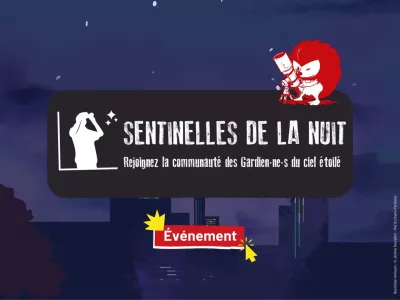 Le titre de l'article est au centre, on voit une personne qui observe le ciel au milieu d'une ville endormie. Sentinelles de la nuit, ciel étoilé, hérisson, observation des étoiles, gardiens et gardiennes du ciel étoile