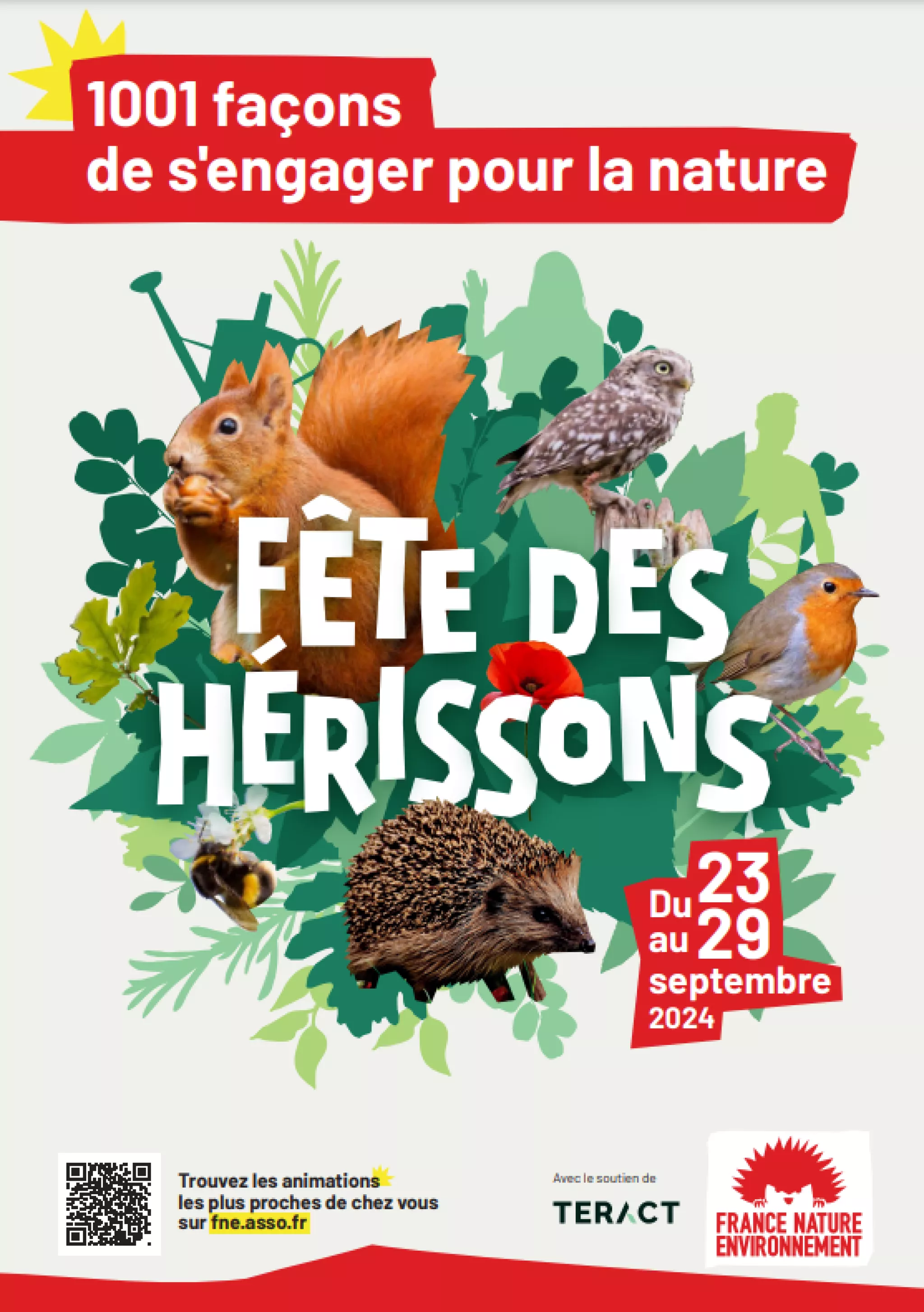 "Fête des hérissons" est écrit en blanc en grand sur l'affiche. En fond, des feuilles et de multiples animaux dont un écureuil, un hérisson, une abeille, un rouge-gorge et un hibou.